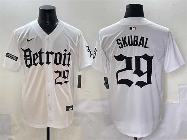 Men%27s Detroit Tigers #29 Tarik Skubal White Motor Gothic Edition Vapor Premier Limited Stitched Jersey